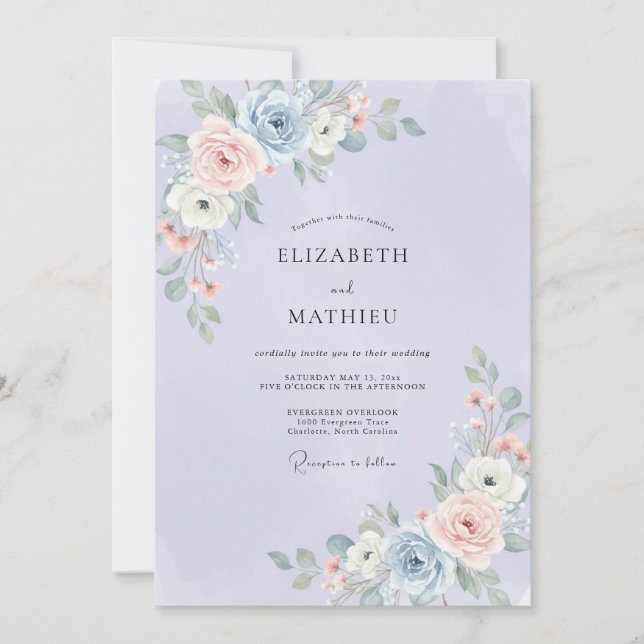Invitación Boda Floral Soñadora de Periwinkle (Anverso)