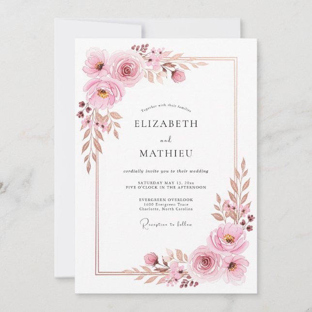 Invitación Boda Floral Soñadora Rosa (Anverso)