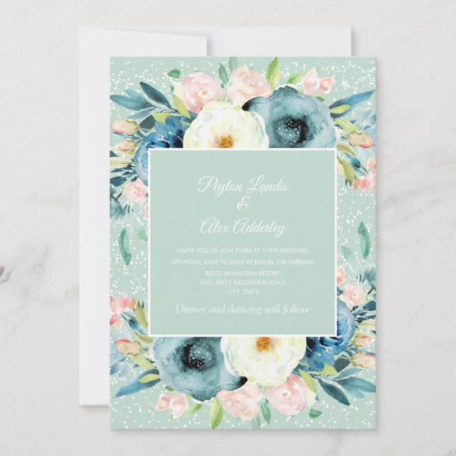 Invitación Boda Floral Stardust Mint Crema Marfil Rosa (Anverso)