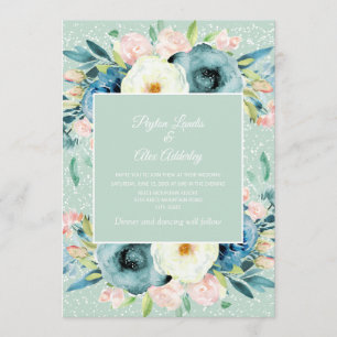 Invitación Boda Floral Stardust Mint Crema Marfil Rosa