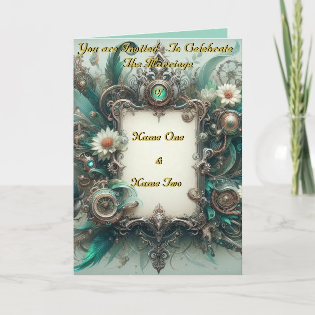 Invitación Boda Floral Steampunk Green y Silver (Anverso)