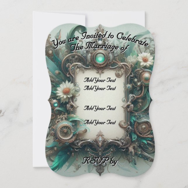 Invitación Boda Floral Steampunk Green y Silver (Anverso)