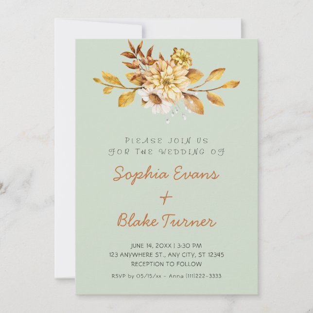 Invitación Boda Floral Suave Antiguo Rústico Verde Claro (Anverso)