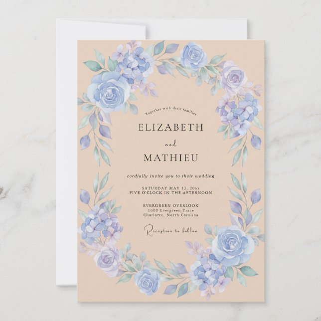 Invitación Boda floral suave azul (Anverso)