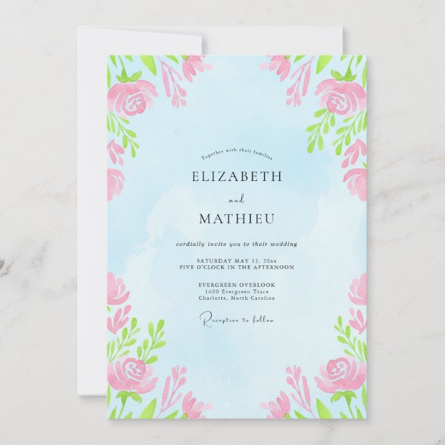 Invitación Boda Floral Suave Azul Cielo (Anverso)