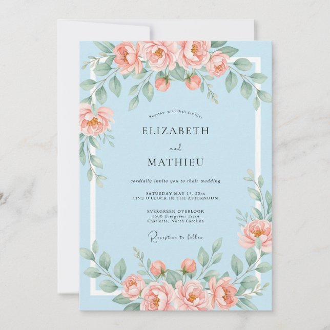 Invitación Boda floral suave azul coral (Anverso)