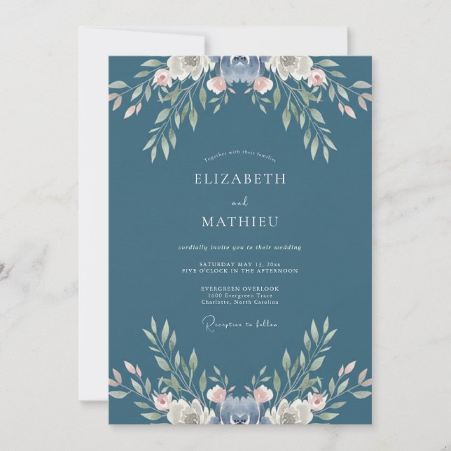 Invitación Boda Floral Suave Azul Pizarra (Anverso)