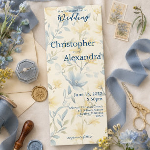 Invitación Boda floral suave de acuarela en crema y azul