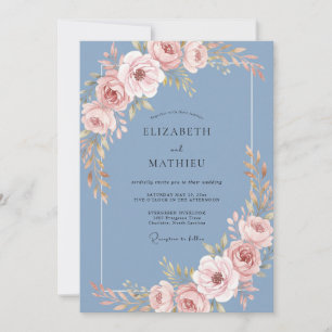 Invitación Boda Floral Suave de Azul Acero