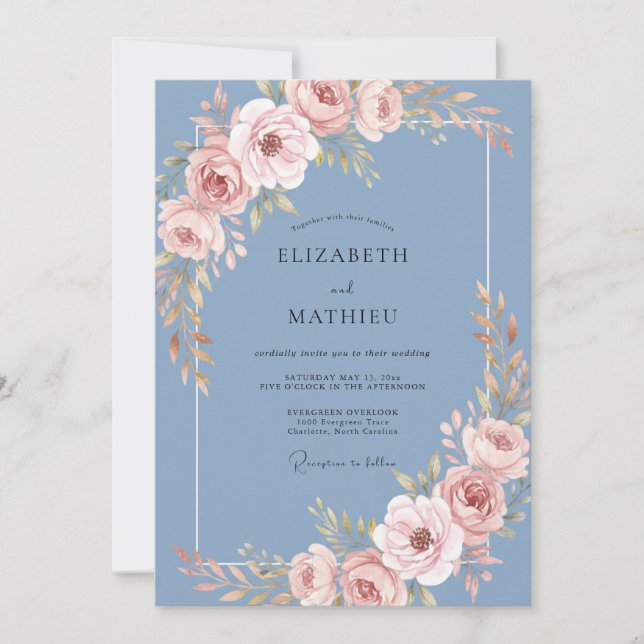 Invitación Boda Floral Suave de Azul Acero (Anverso)