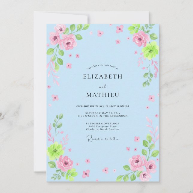 Invitación Boda Floral Suave de Azul Celeste (Anverso)