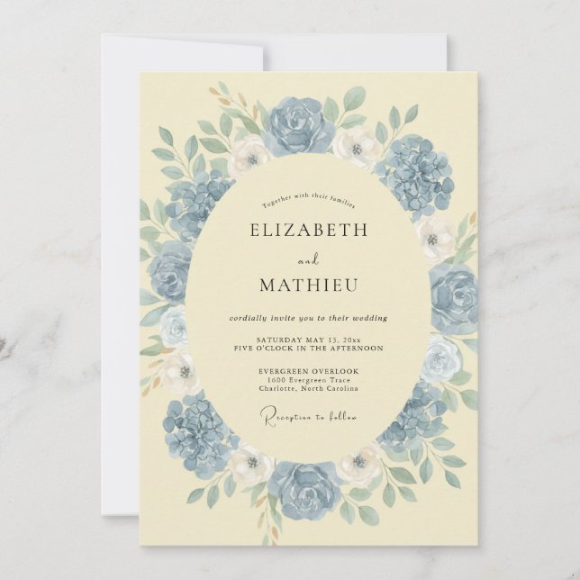 Invitación Boda Floral Suave de Azul Polvoriento (Anverso)