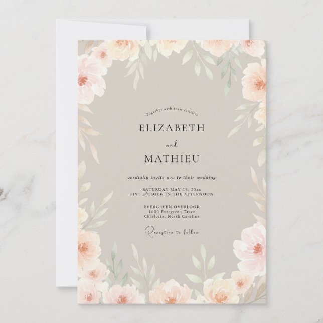 Invitación Boda Floral Suave de Champán Melocotón (Anverso)