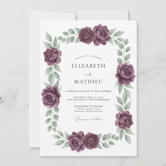 Invitación Boda Floral Suave de Ciruela (Anverso)