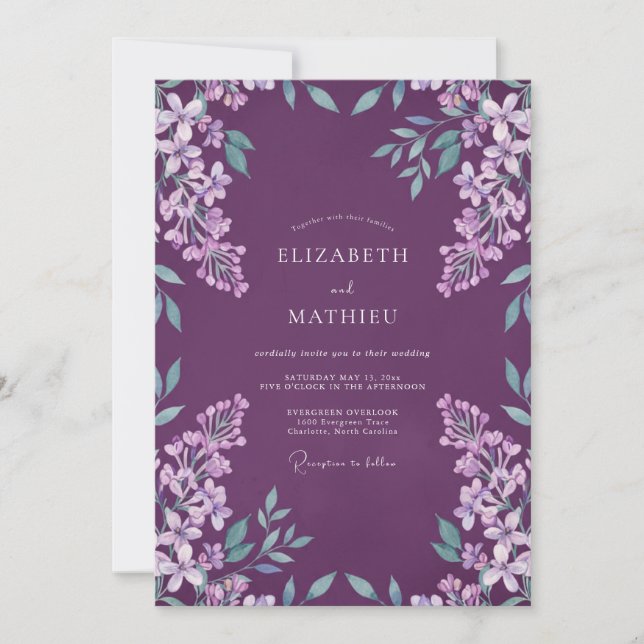 Invitación Boda Floral Suave de Ciruela y Salvia (Anverso)