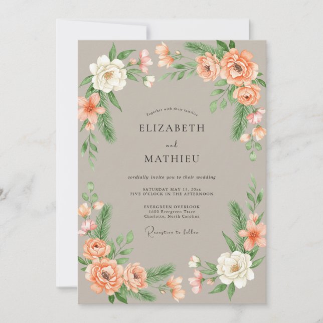 Invitación Boda Floral Suave de Coral (Anverso)