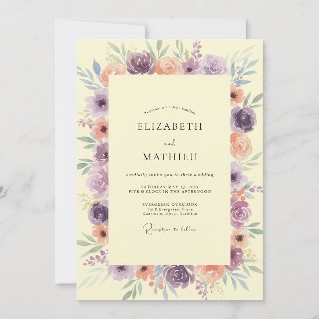 Invitación Boda Floral Suave de Lavanda y Melocotón (Anverso)