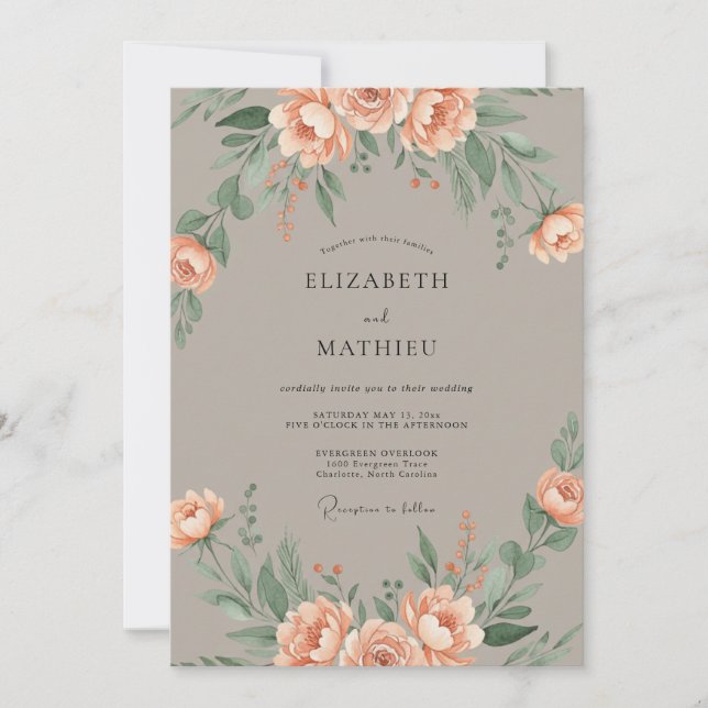 Invitación Boda Floral Suave de Melocotón (Anverso)
