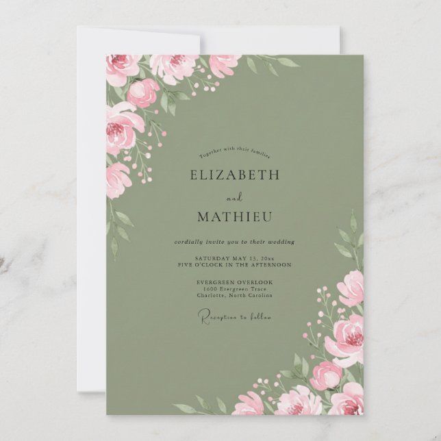 Invitación Boda Floral Suave de Musgo Rosa (Anverso)