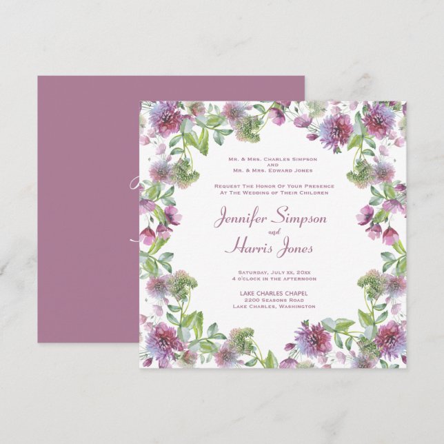 Invitación Boda floral suave de verano morado (Anverso / Reverso)