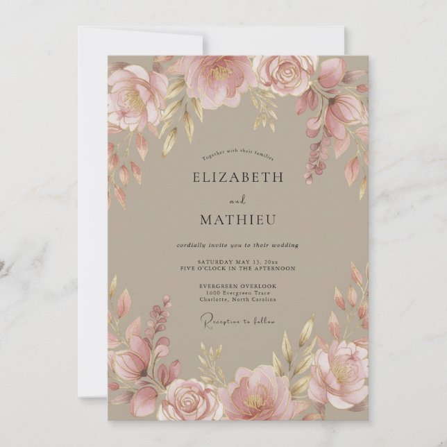Invitación Boda Floral Suave en Taupe (Anverso)
