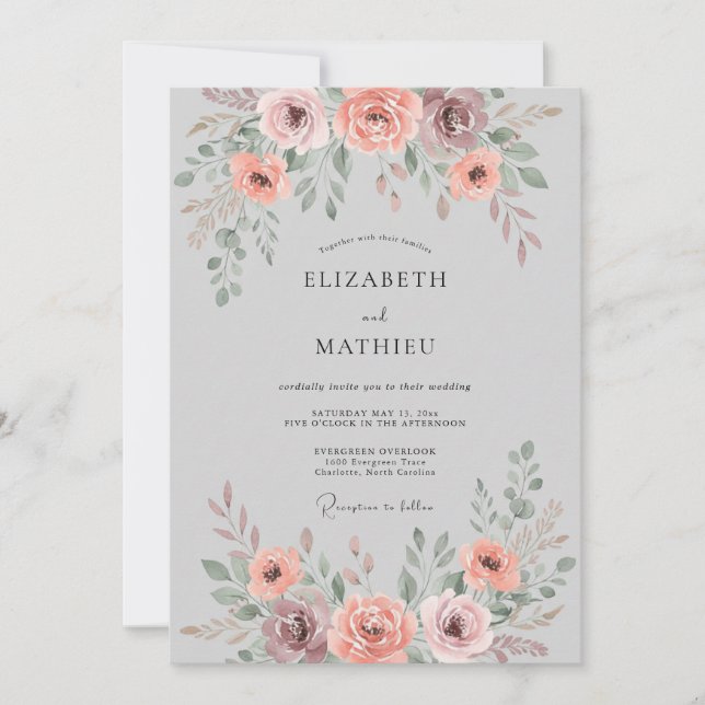 Invitación Boda Floral Suave Rosa Polvoriento (Anverso)