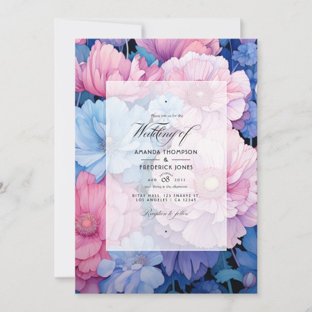 Invitación Boda floral suave rosa y azul (Anverso)