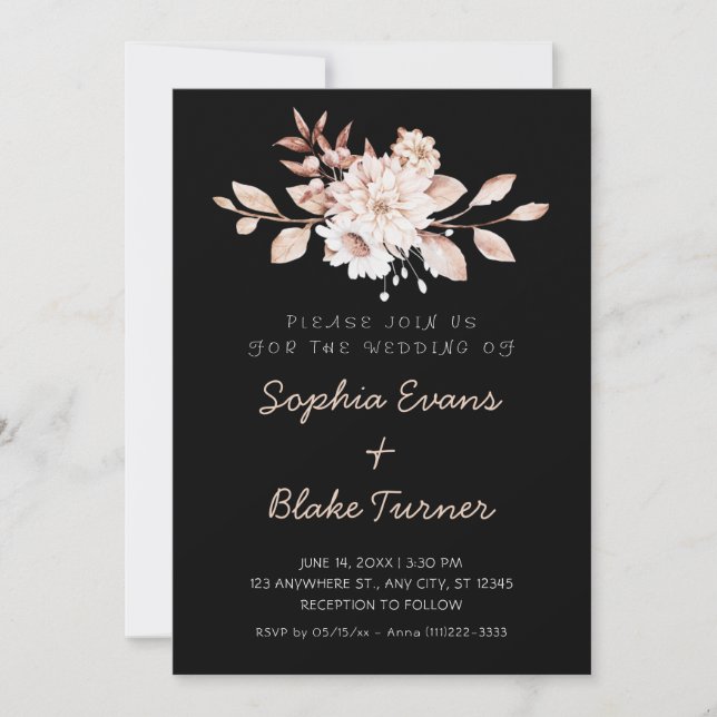Invitación Boda Floral Suave Rústica Moderna Negra (Anverso)