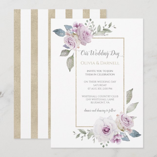 Invitación Boda floral suave violeta morada de lavanda dorada (Anverso / Reverso)