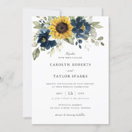 Invitación Boda Floral Sunflowers Navy Blue Greenery
