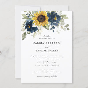 Invitación Boda Floral Sunflowers Navy Blue Greenery