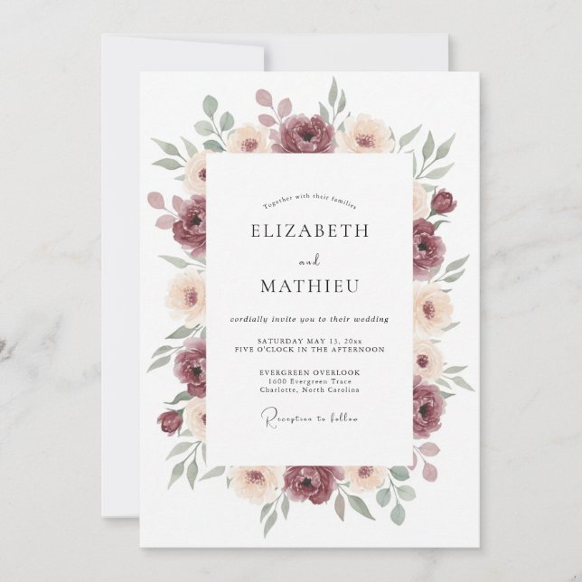 Invitación Boda floral suntuosa de Borgoña (Anverso)