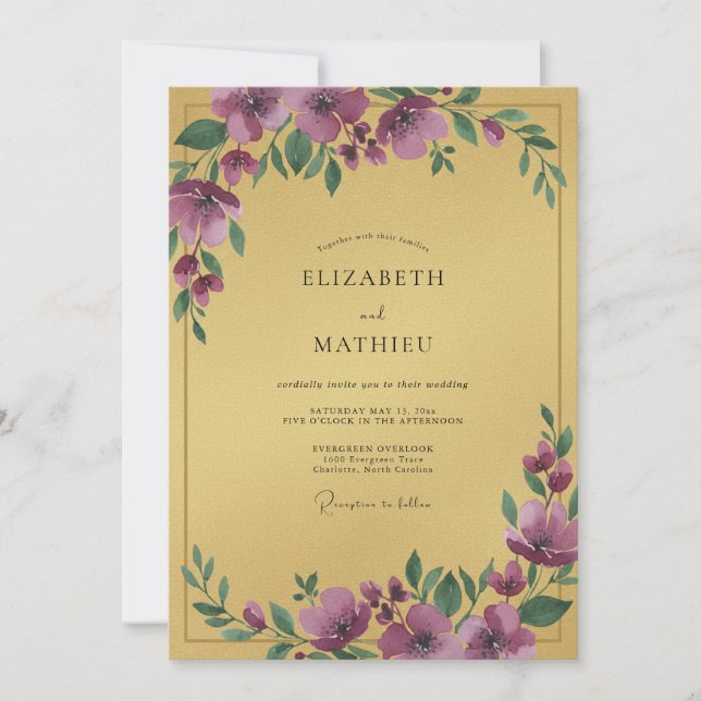 Invitación Boda Floral Suntuosa Dorada (Anverso)