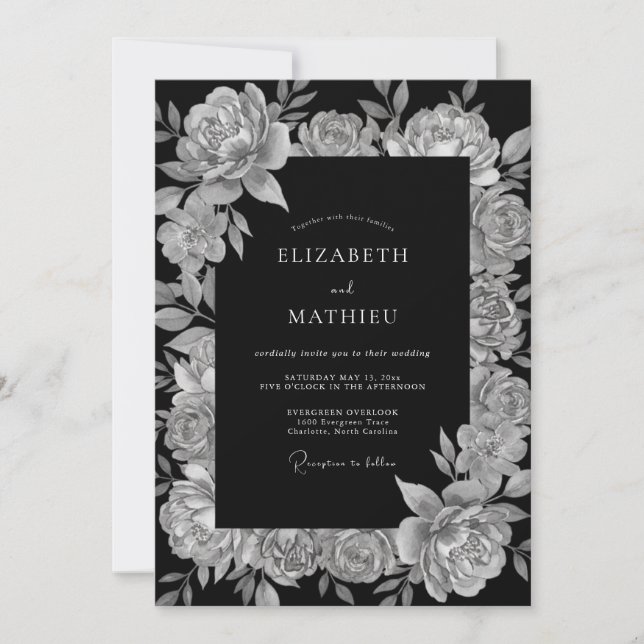 Invitación Boda floral suntuosa negra (Anverso)