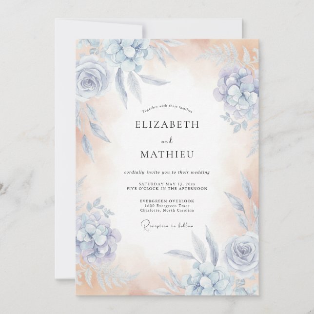 Invitación Boda Floral Susurrante de Azul Cielo (Anverso)