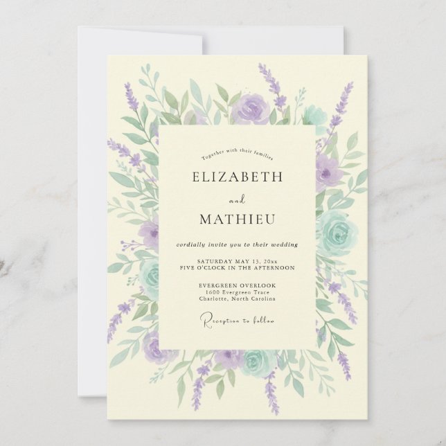 Invitación Boda Floral Susurrante de Lavanda y Menta (Anverso)