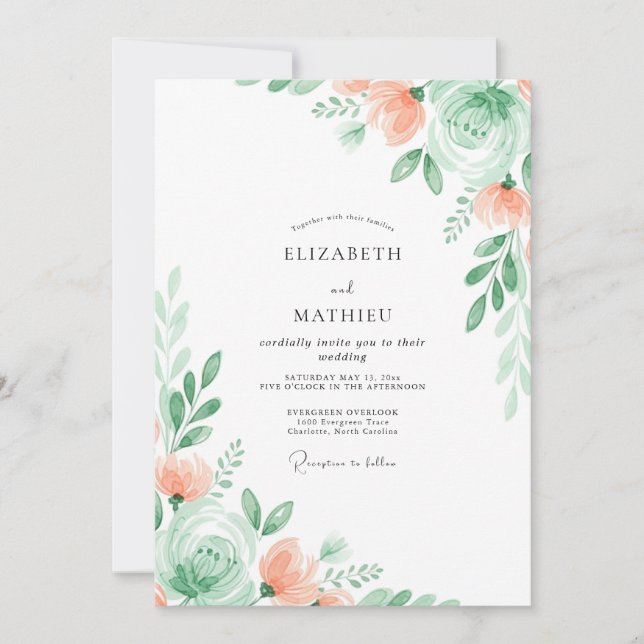 Invitación Boda floral sutil de verde menta (Anverso)