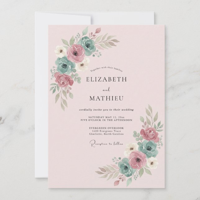 Invitación Boda Floral Sutil Té Verde Rubor (Anverso)