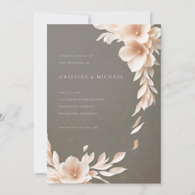 Invitación boda floral taupe 3d (Anverso)