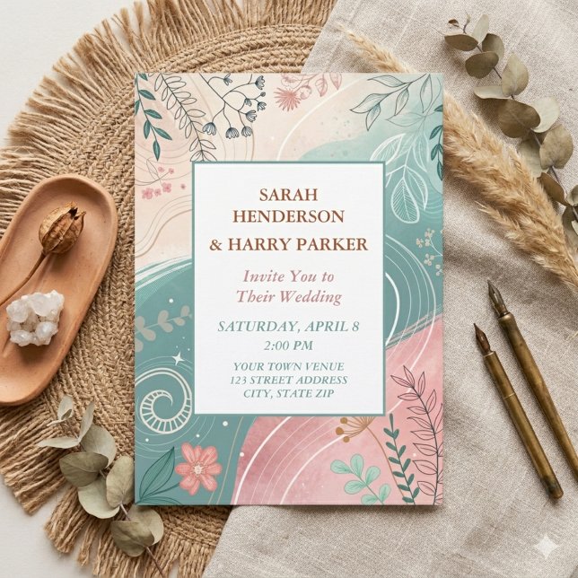 Invitación Boda Floral Teal Abstracta Boho (Subido por el creador)