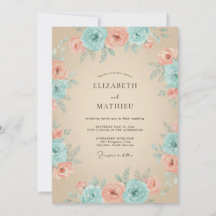 Invitación Boda Floral Teal Melocotón
