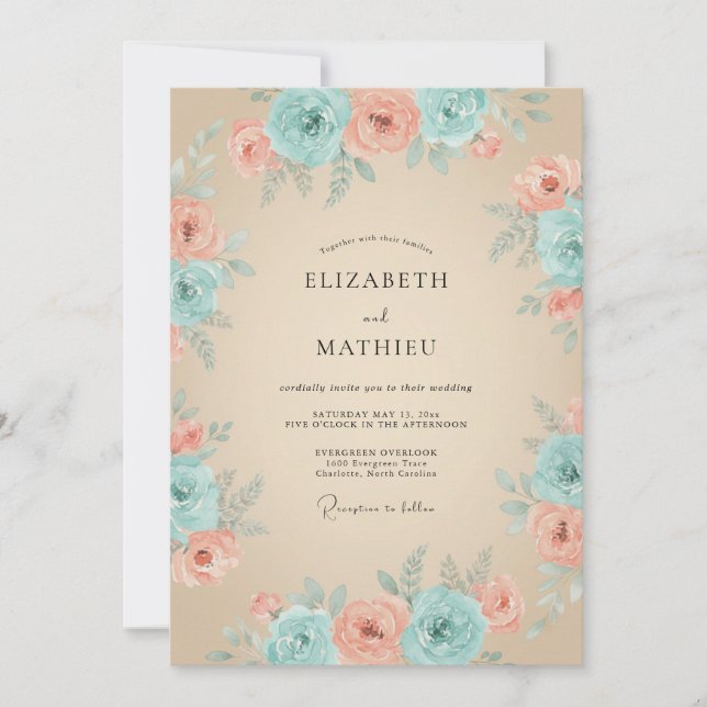 Invitación Boda Floral Teal Melocotón (Anverso)