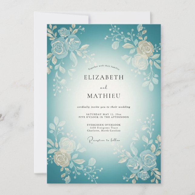 Invitación Boda Floral Tejida Verde Azul Florece (Anverso)