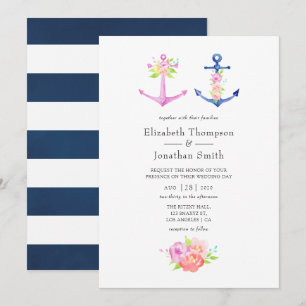 Invitación Boda floral temática náutica acuarela