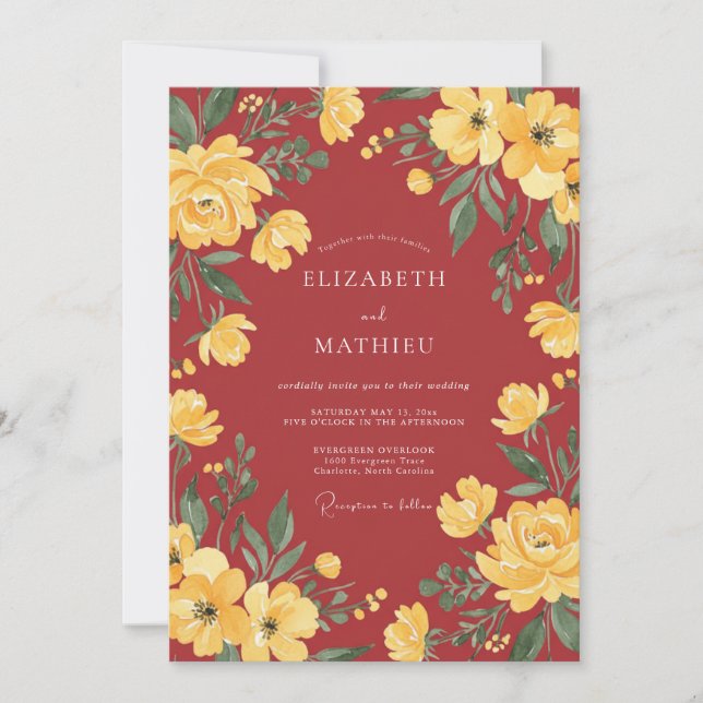 Invitación Boda Floral Terracota Amarillo (Anverso)