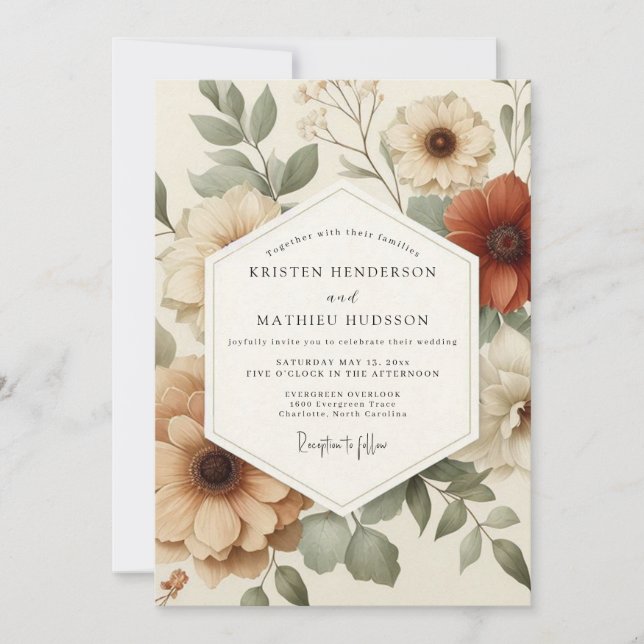 Invitación Boda Floral Terracota Pintada (Anverso)