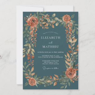 Invitación Boda Floral Terracota Silenciada Verde Teal