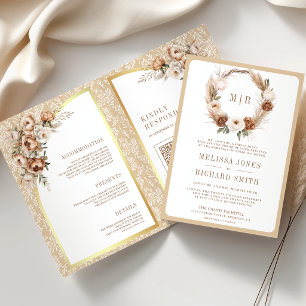 Invitación Boda floral terrosa beige neutral boho Pampas