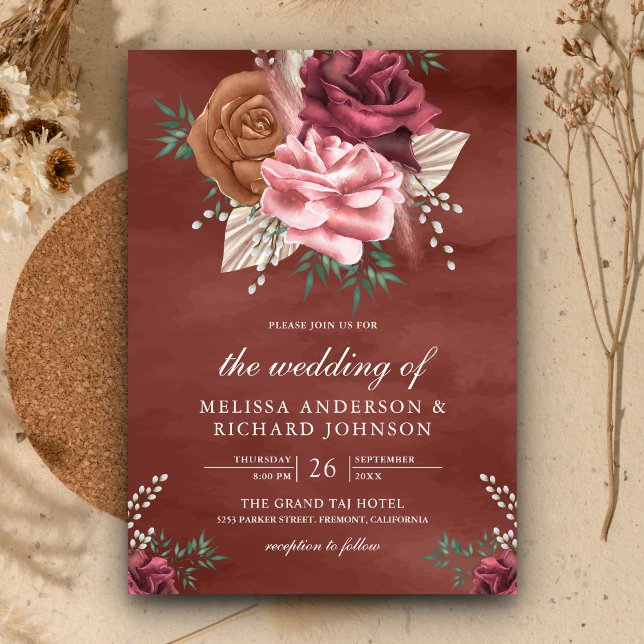 Invitación Boda floral terrosa canela rústica boho (Subido por el creador)