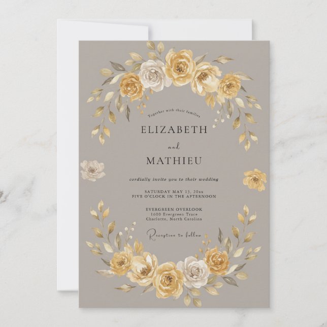 Invitación Boda floral terrosa dorada (Anverso)
